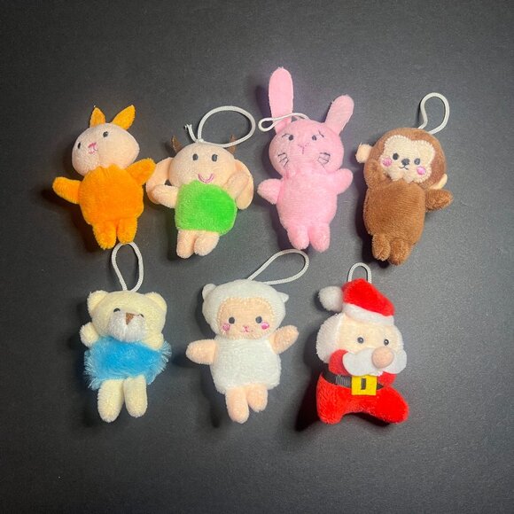 Lot of 7 Miniature Cute Plush Animals & Santa Claus Hanging Keychain Ornaments - Picture 1 of 4